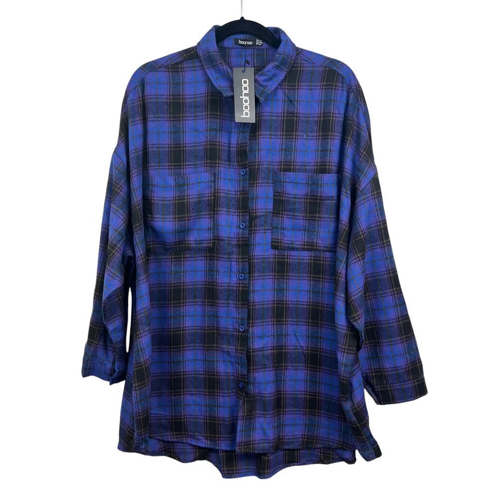 Boohoo Women Oversized Flannel Shirt Plaid Button Up Long Sleeves Blue Sz US 10*